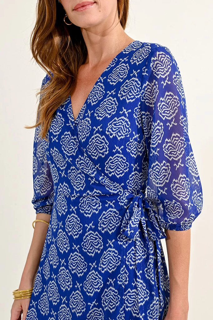 Molly Bracken Blue Rose Print Puffed Sleeve Wrap Style Maxi Dress