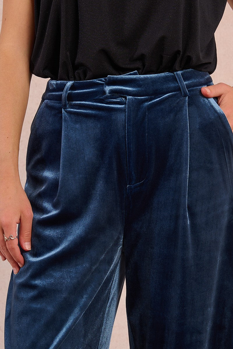 High waist and fabric belt detail on Molly Bracken velvet trousers in blue