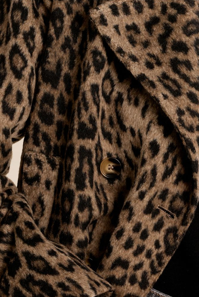 Molly Bracken leopard print jacket collar and button detail close-up