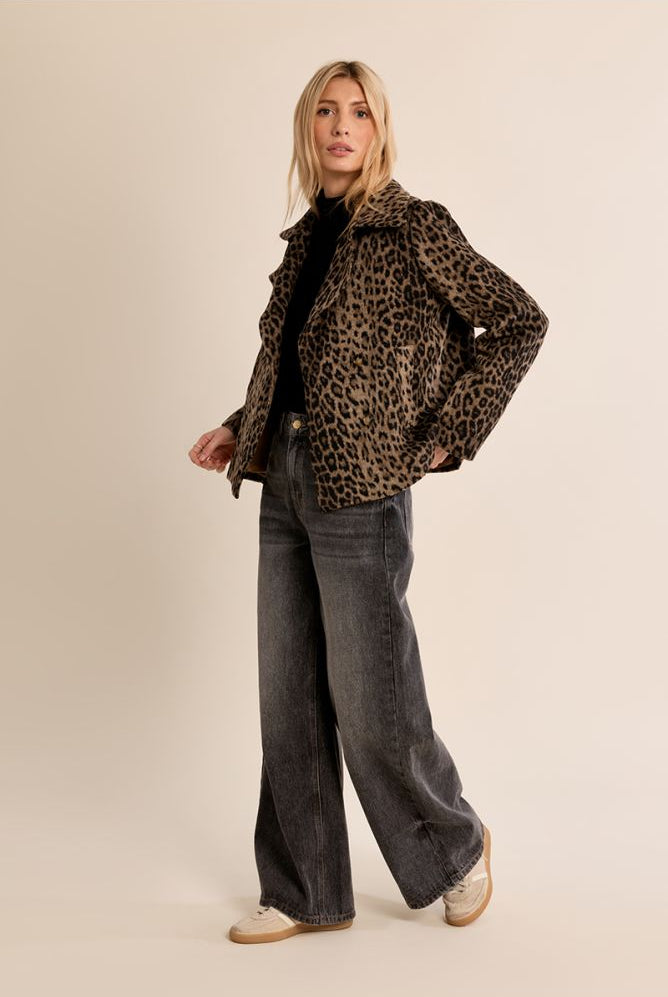 Molly Bracken leopard print tailored jacket styled with grey jeans