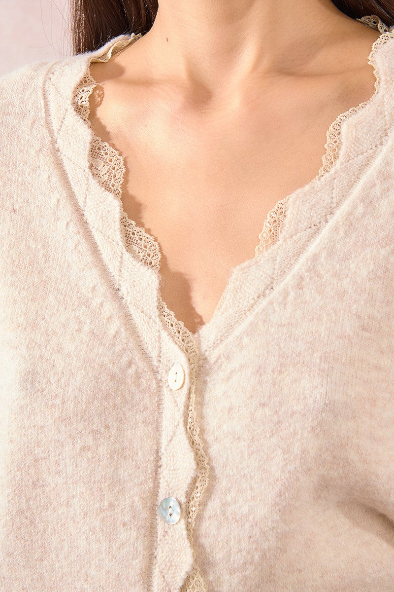 Molly Bracken cream cardigan neckline with lace trim close-up