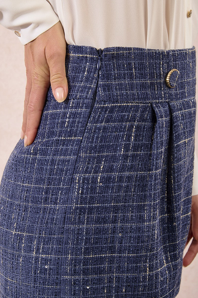 Side detail of Molly Bracken tweed shorts with soft gold thread