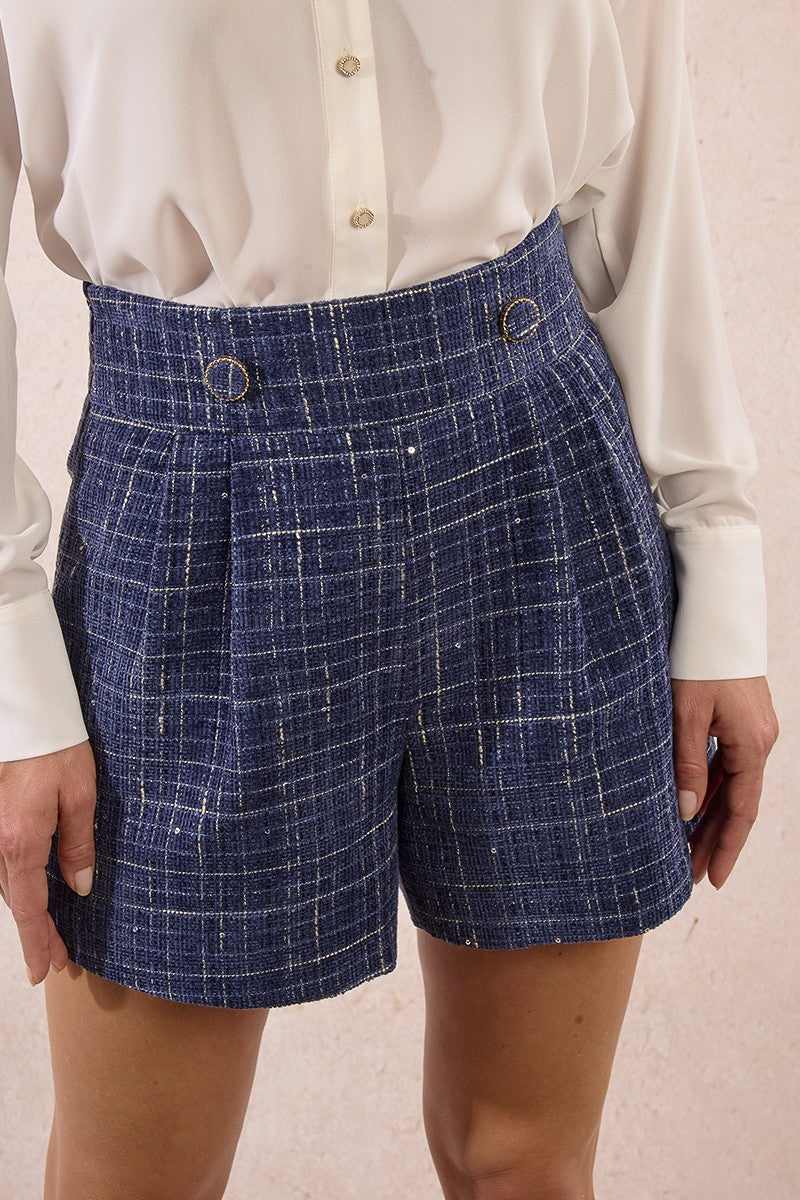 Front view of Molly Bracken navy tweed shorts with buttoned waistband