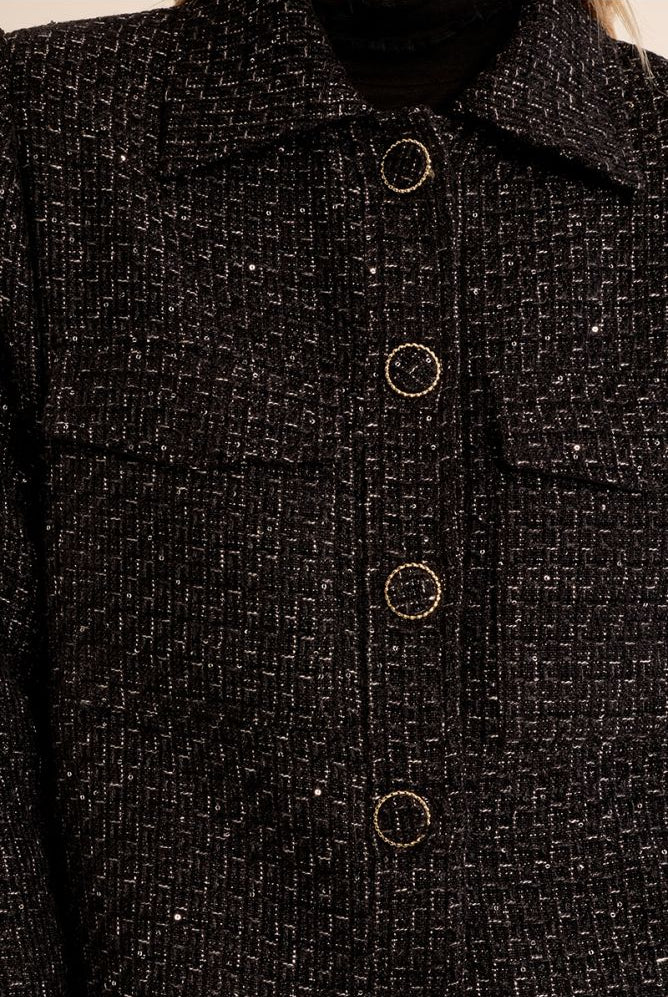 Molly Bracken black bouclé jacket covered button and pocket detail