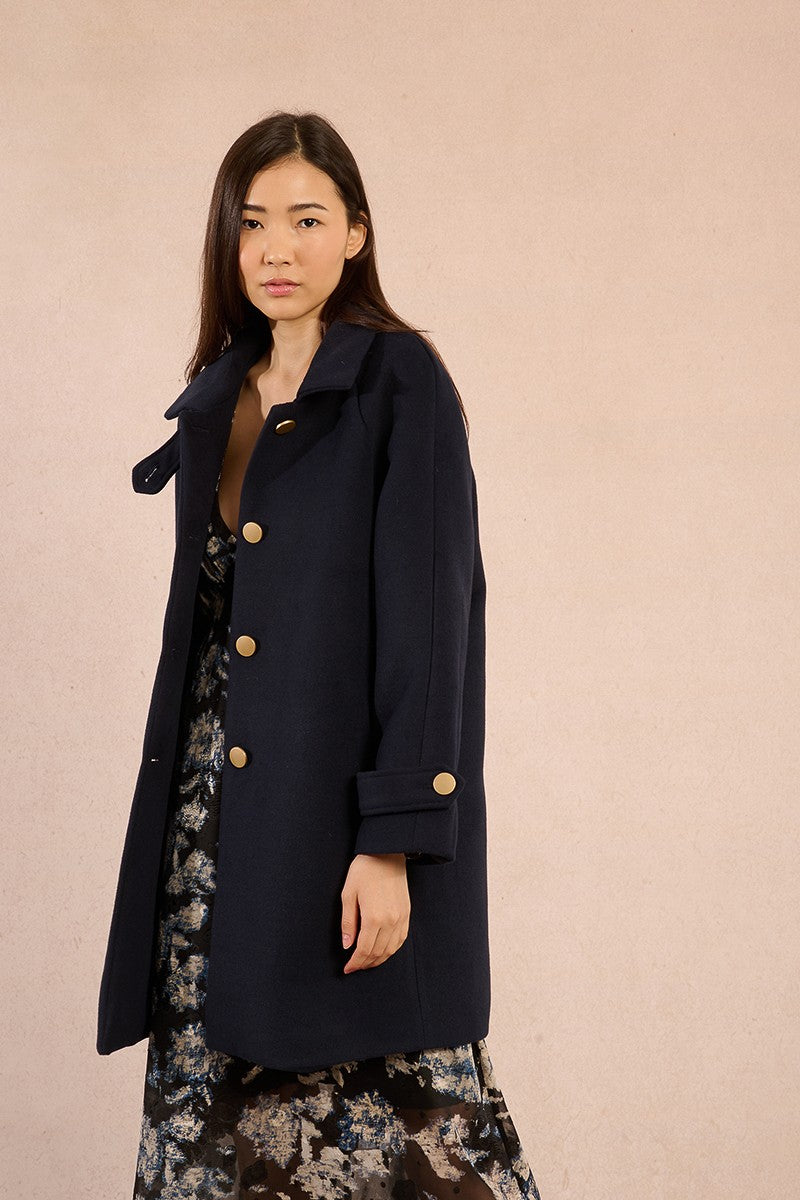 Molly Bracken Navy Winter coat with belt cuff detail and side pockets