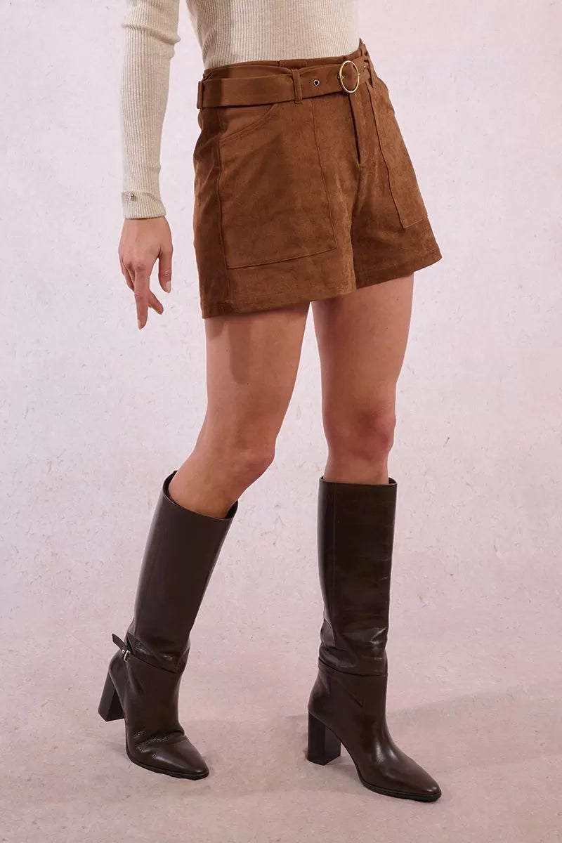 Molly Bracken faux suede camel shorts styled winter boots.