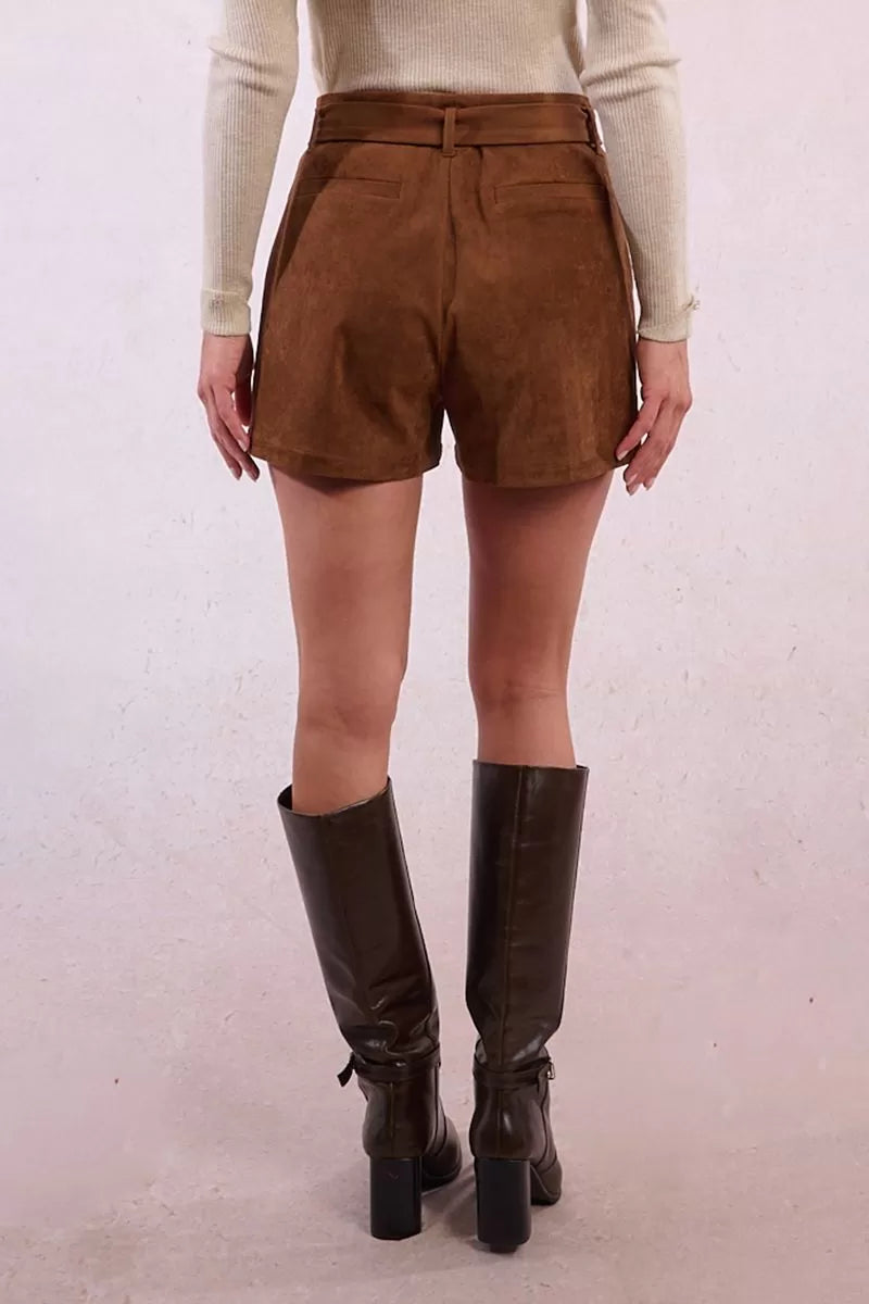 Back view of Molly Bracken brown suede-effect shorts with stitched pockets.