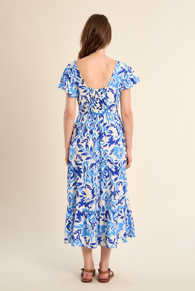 Molly Bracken blue floral maxi dress back view with elasticated waist