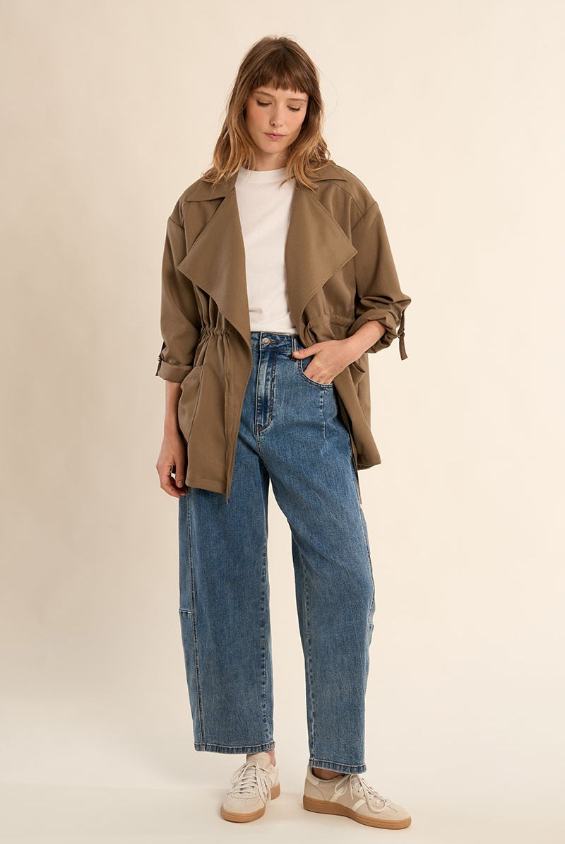 Molly Bracken lightweight trench style jacket in khaki, front view