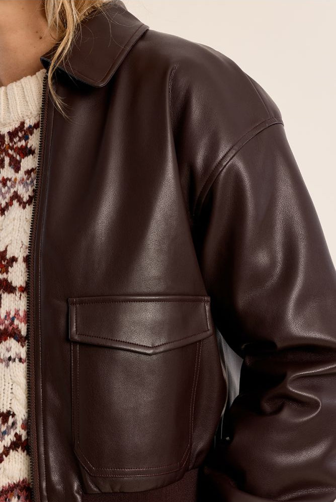 Molly Bracken brown faux leather bomber jacket pocket detail
