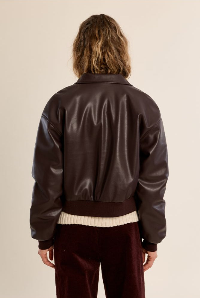Molly Bracken chocolate brown faux leather bomber jacket back view