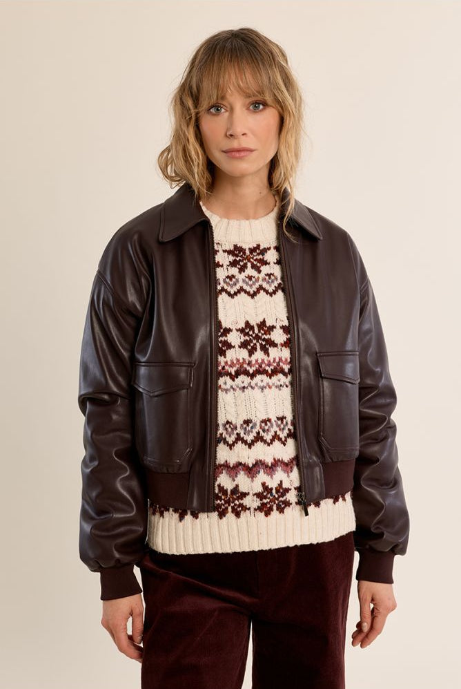Molly Bracken chocolate brown faux leather bomber jacket front view