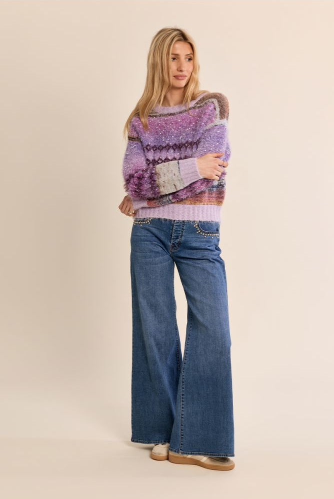 Molly Bracken patterned knit jumper styled with blue jeans