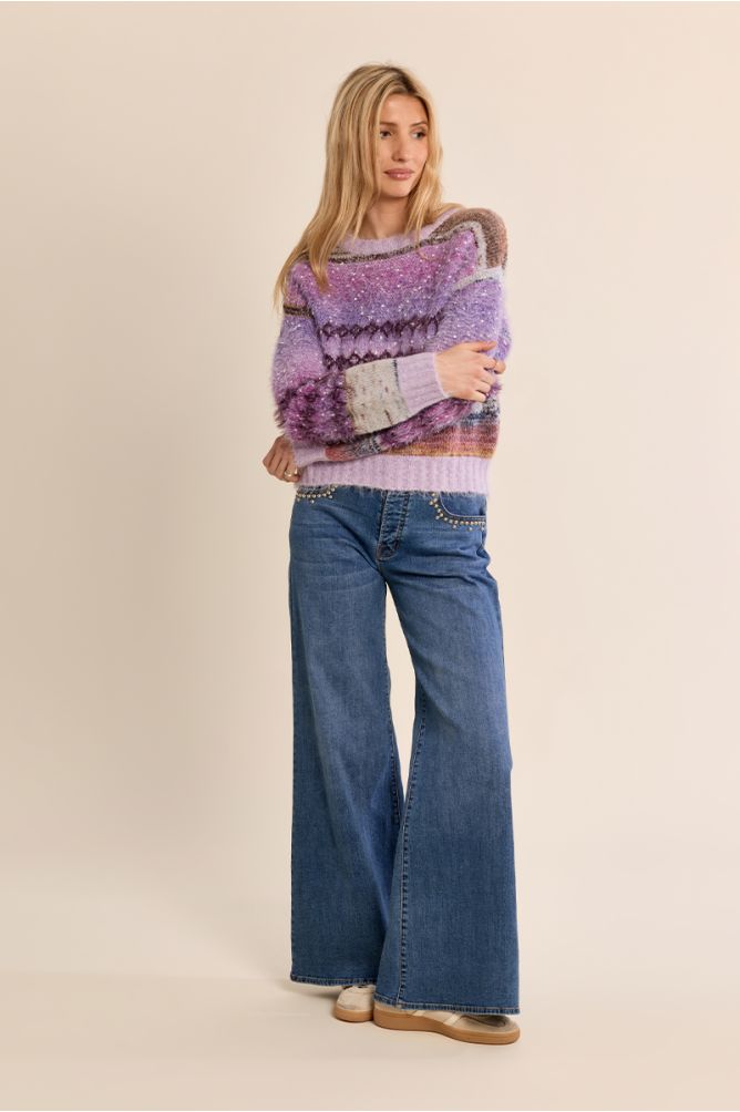 Molly Bracken patterned knit jumper styled with blue jeans