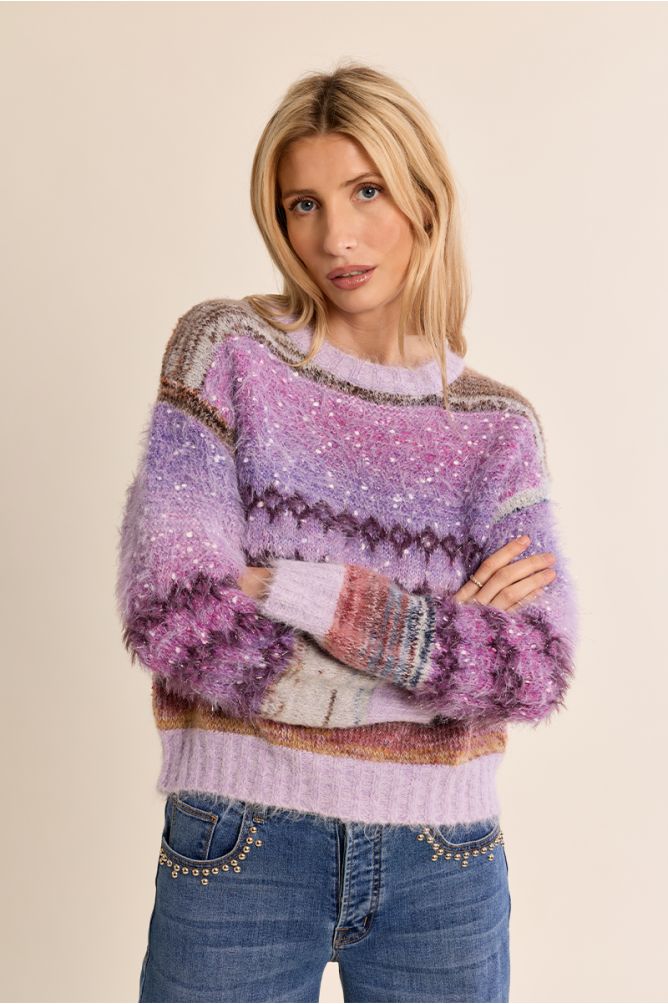 Molly Bracken women’s lilac and purple fluffy jumper on model