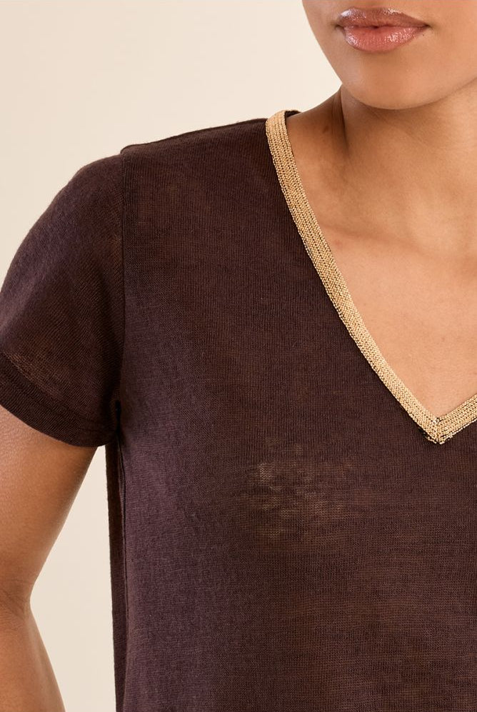 Molly Bracken brown T-shirt iridescent neckline detail close-up