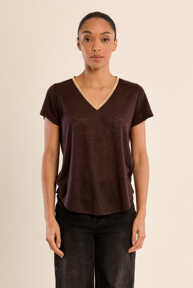 Molly Bracken brown iridescent trim V-neck T-shirt front view
