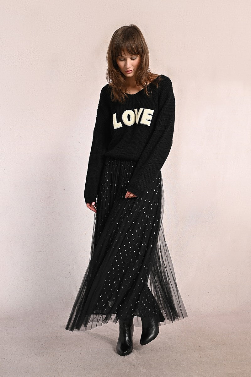 Molly Bracken black pleated tulle maxi skirt in sheer feminine layers.