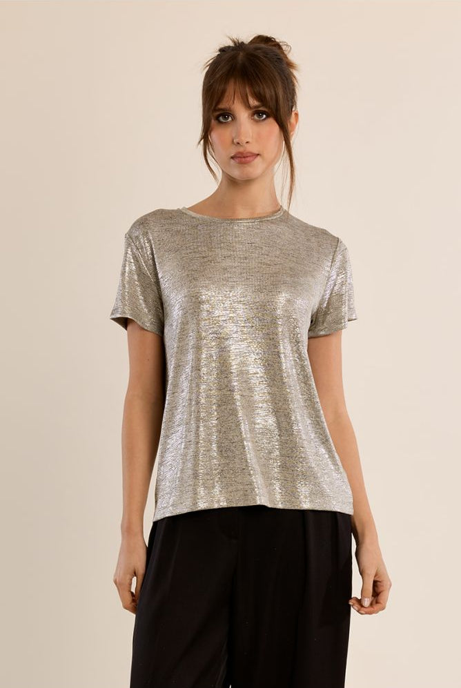 Molly Bracken beige metallic shimmer T-shirt front view