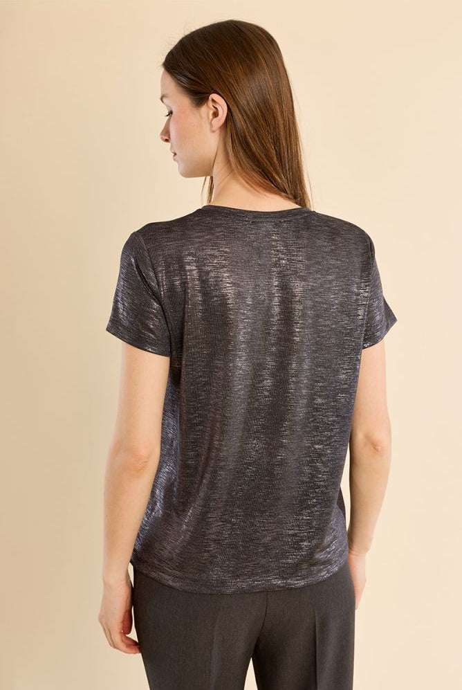 Molly Bracken metallic T-shirt close-up showing shimmer finish