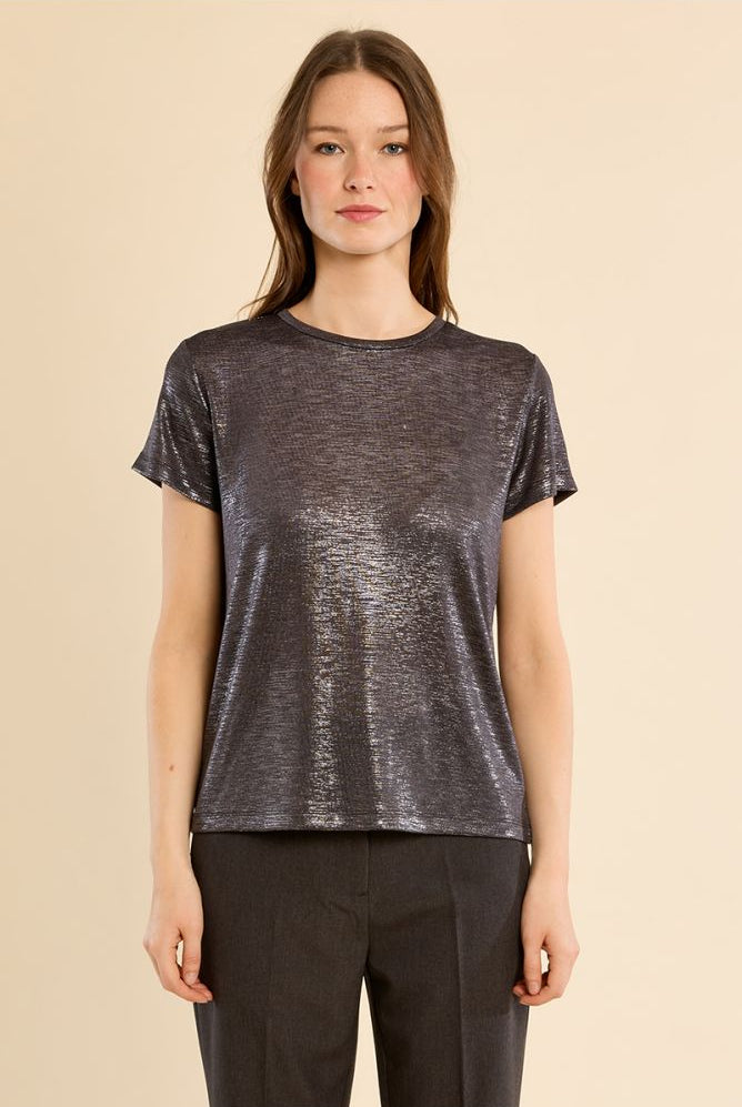 Molly Bracken pewter metallic shiny top styled on model