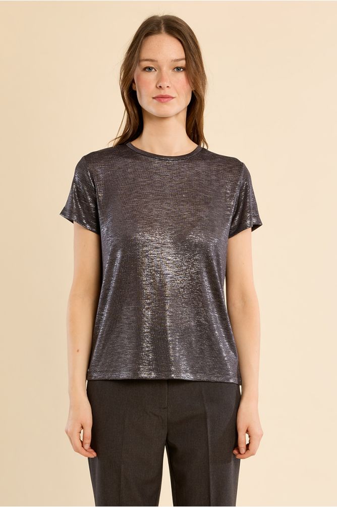 Molly Bracken pewter metallic shiny top styled on model