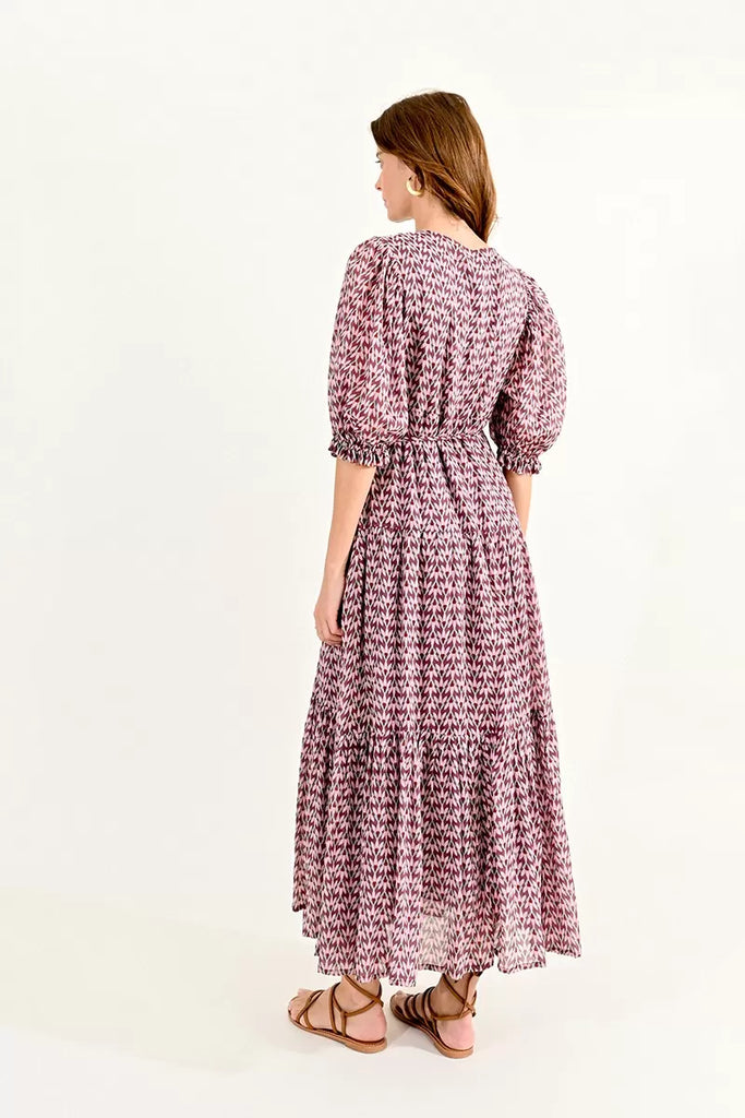 Molly Bracken Pink Batik Print Wrap Style Tiered Maxi Dress From Back
