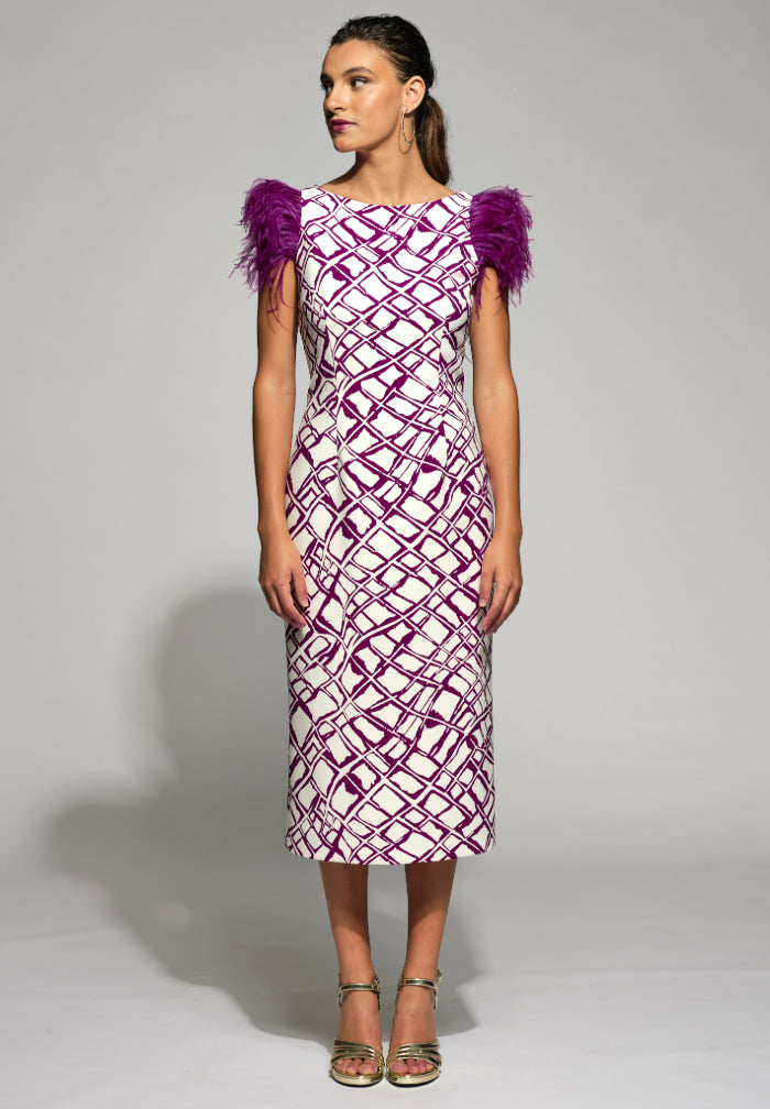 Moskada Caster Purple Print Feather Sleeve Dress