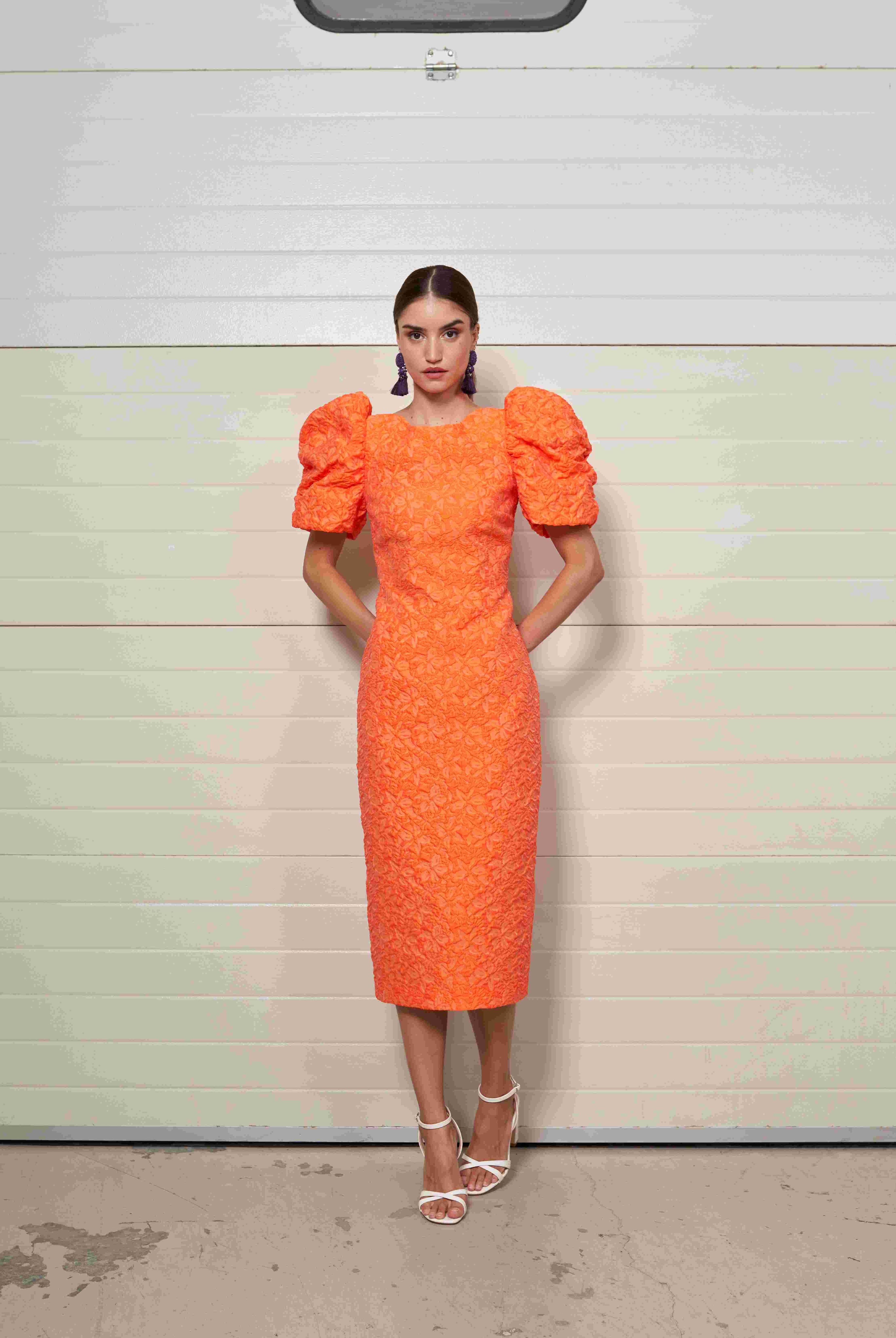 Moskada Carmona floral brocade puffed sleeve midi occasion dress in orange
