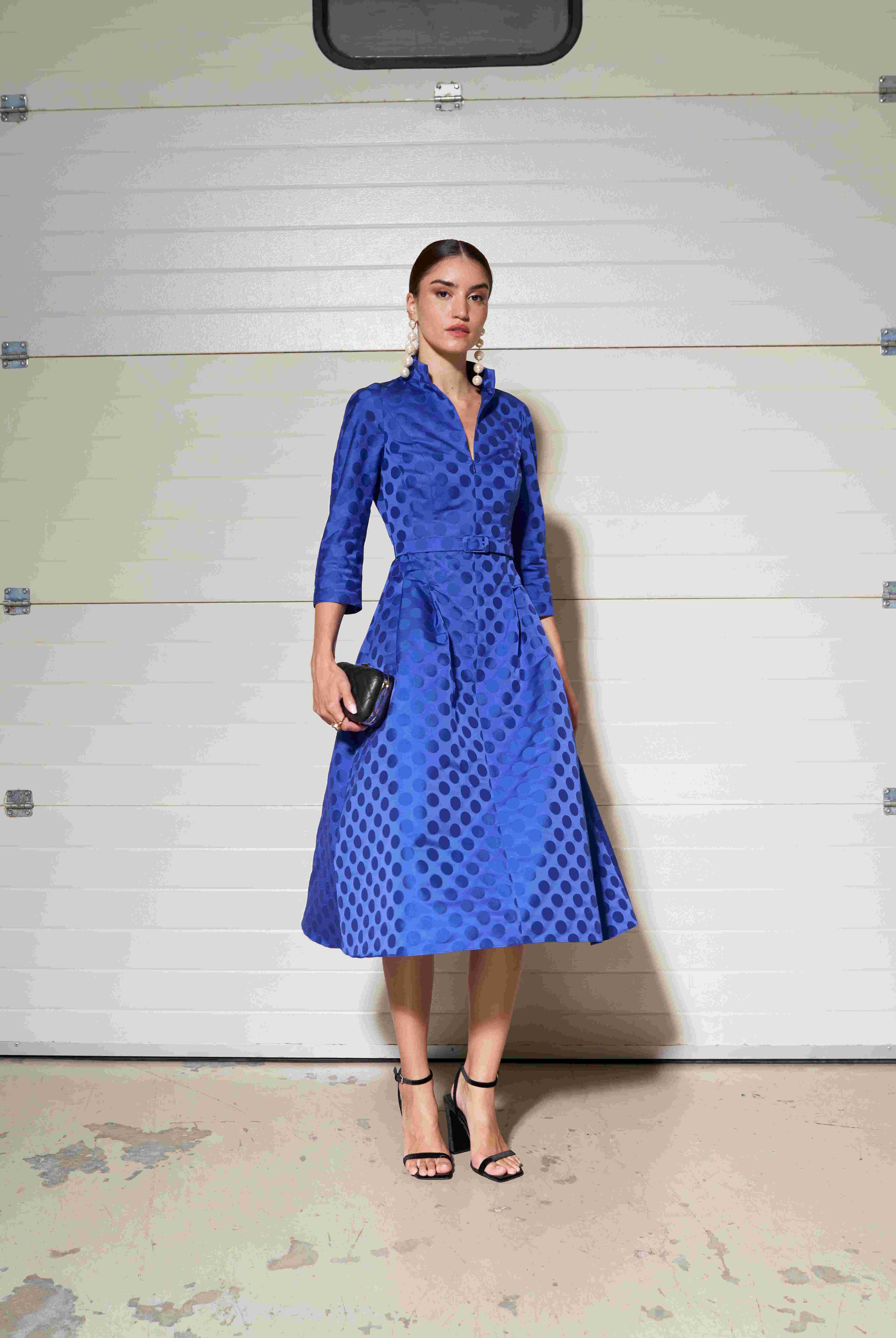 Moskada Arcos belted A-line occasion dress in blue textured fabric
