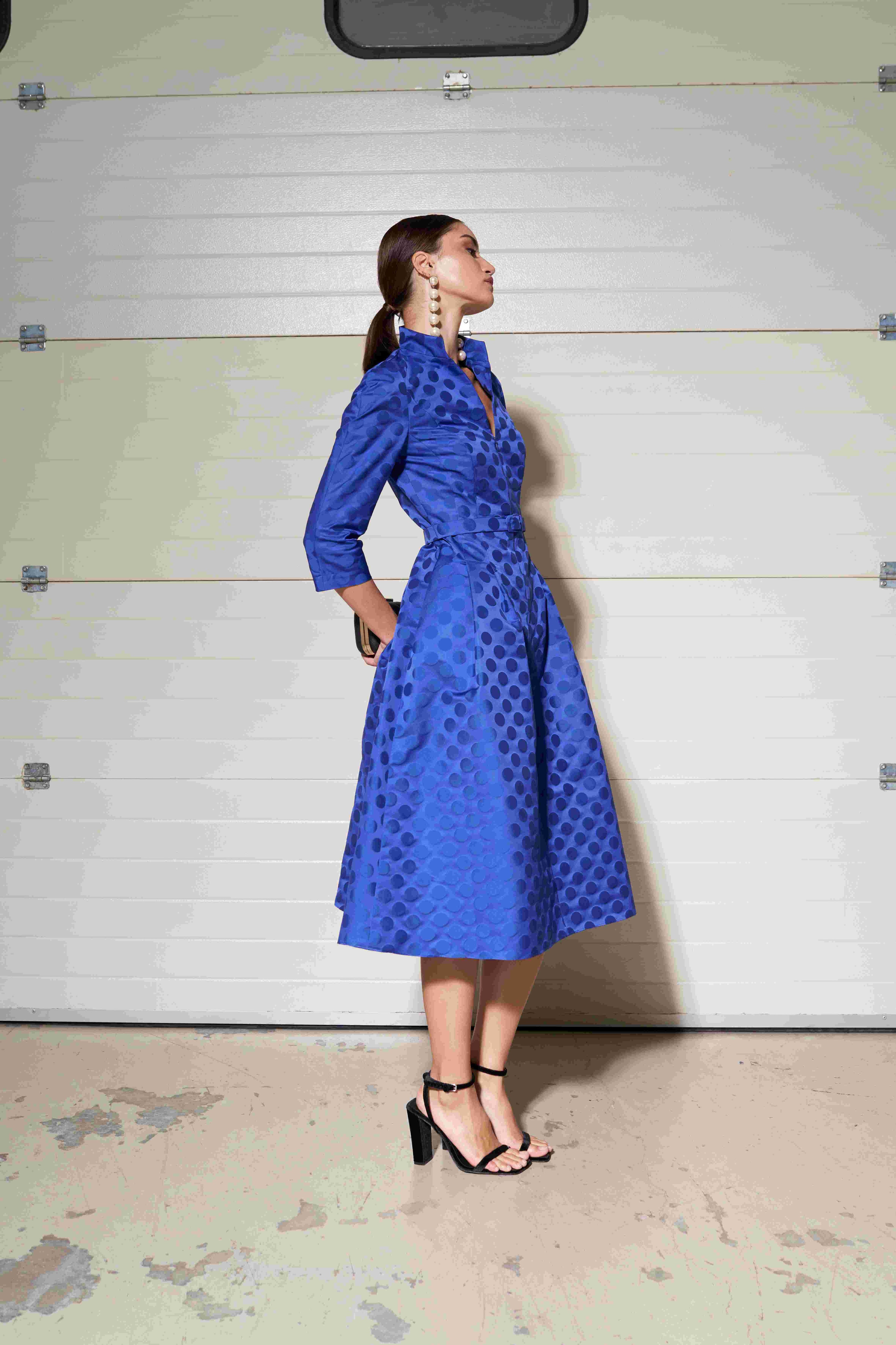 Moskada Arcos blue belted midi dress with three-quarter sleeves