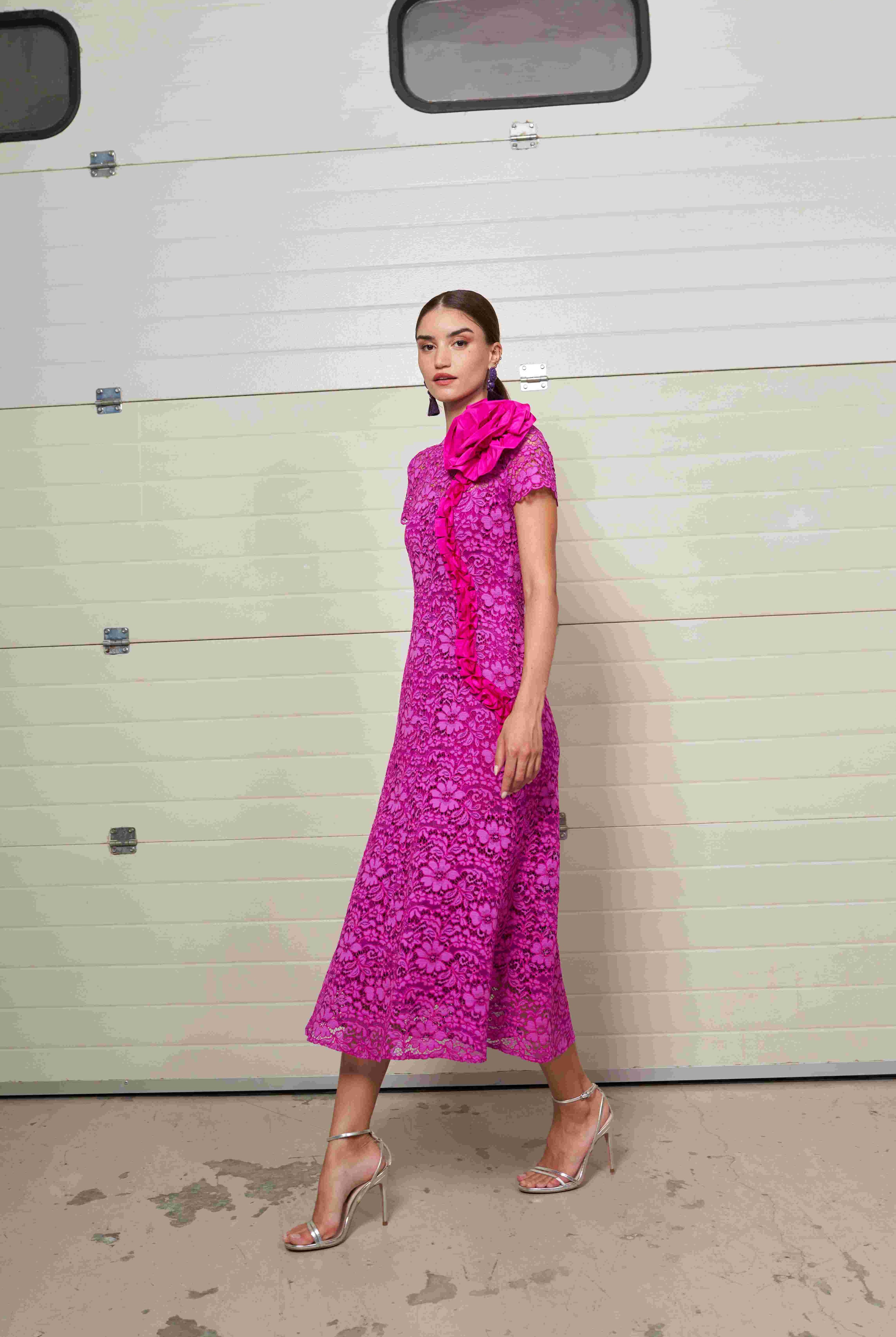 Moskada Zahara pink lace midi dress side view with ruffle floral trim