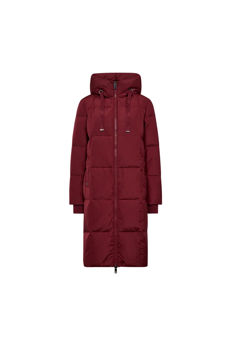 MOS MOSH Nova Square burgundy long quilted down coat – front product view