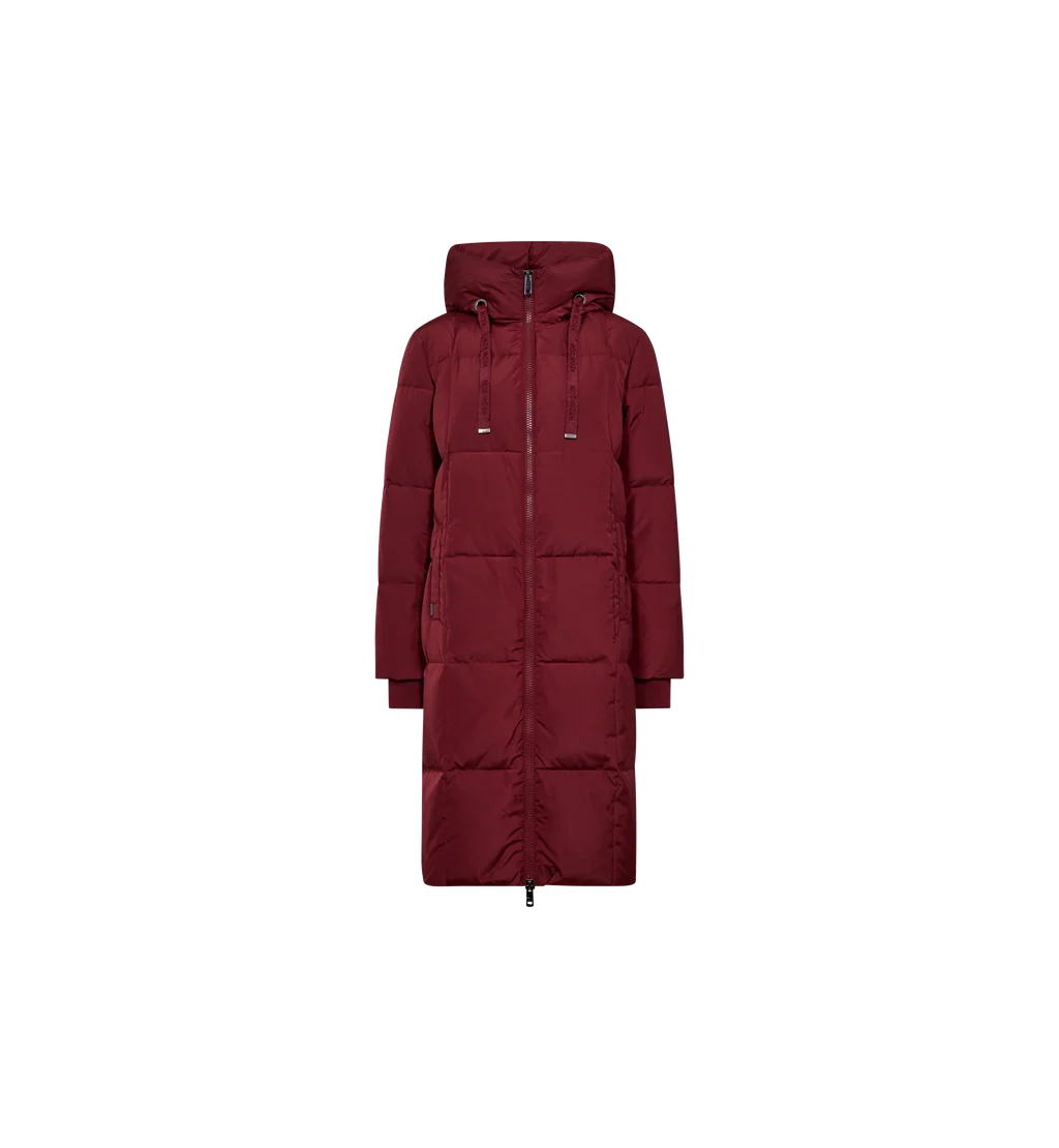 MOS MOSH Nova Square burgundy long quilted down coat – front product view