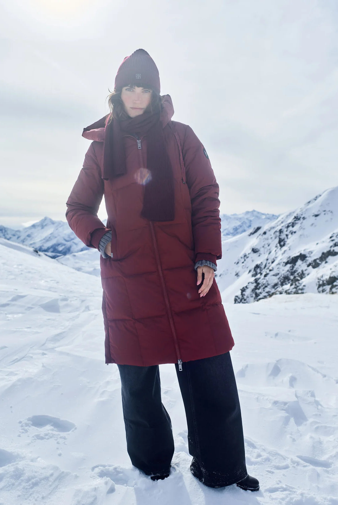 MOS MOSH Nova Square burgundy long down coat – full winter model view