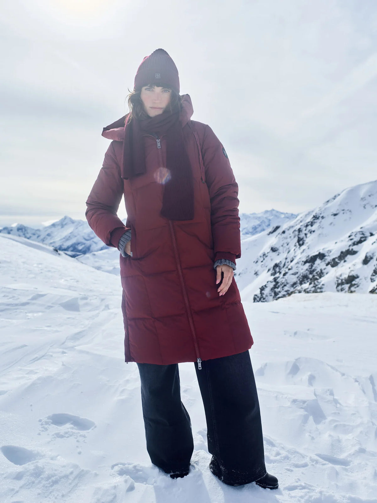 MOS MOSH Nova Square burgundy long down coat – full winter model view