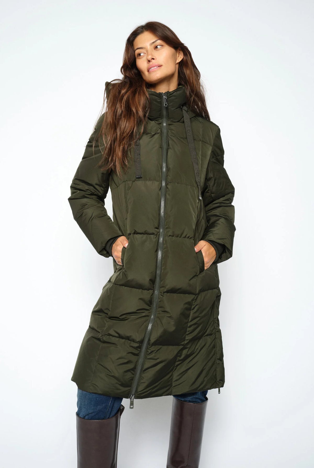 MOS MOSH Nova Square olive green long hooded down coat – front model view