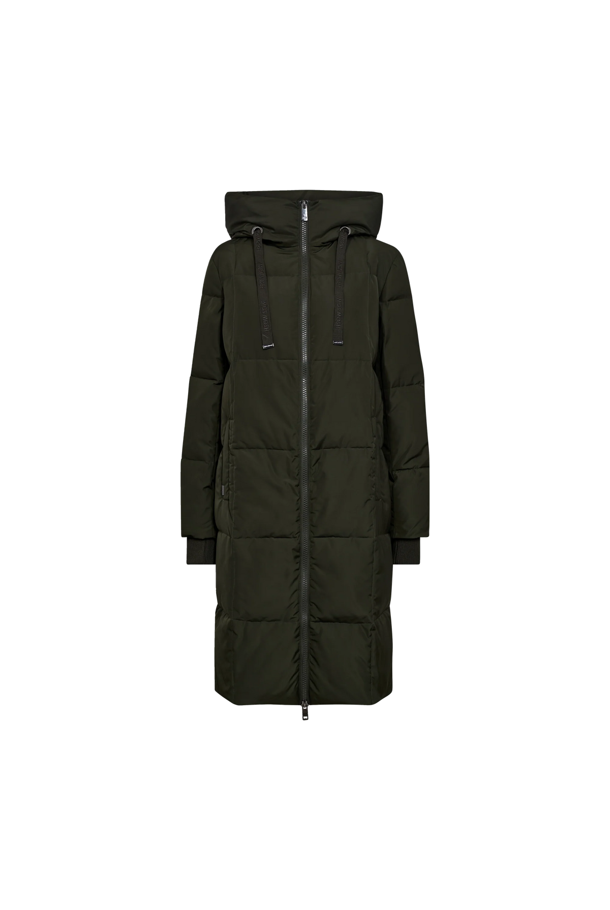 MMOS MOSH Nova Square olive green long down puffer coat – front product view