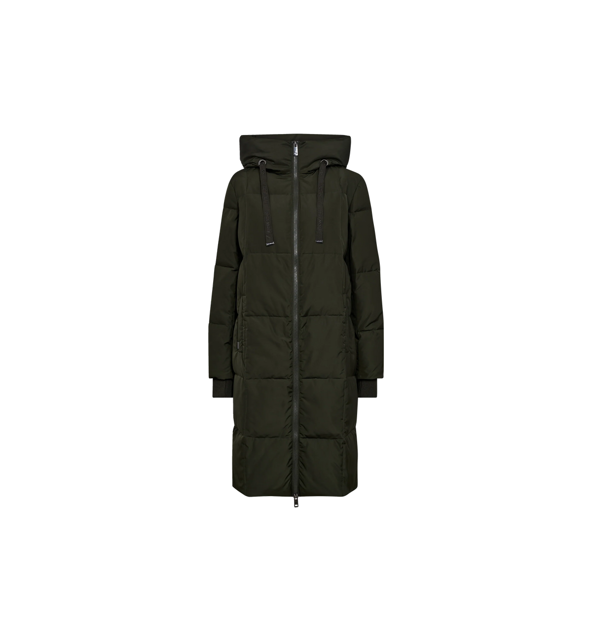 MMOS MOSH Nova Square olive green long down puffer coat – front product view