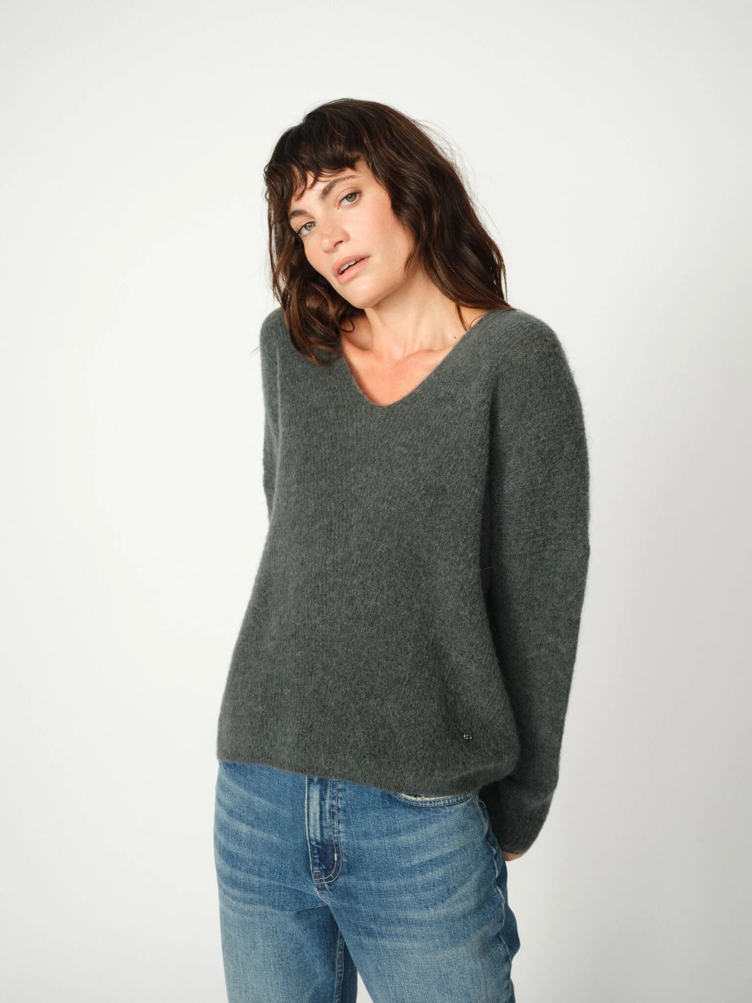Mos Mosh Thora Green V-neck wool jumper in soft alpaca blend