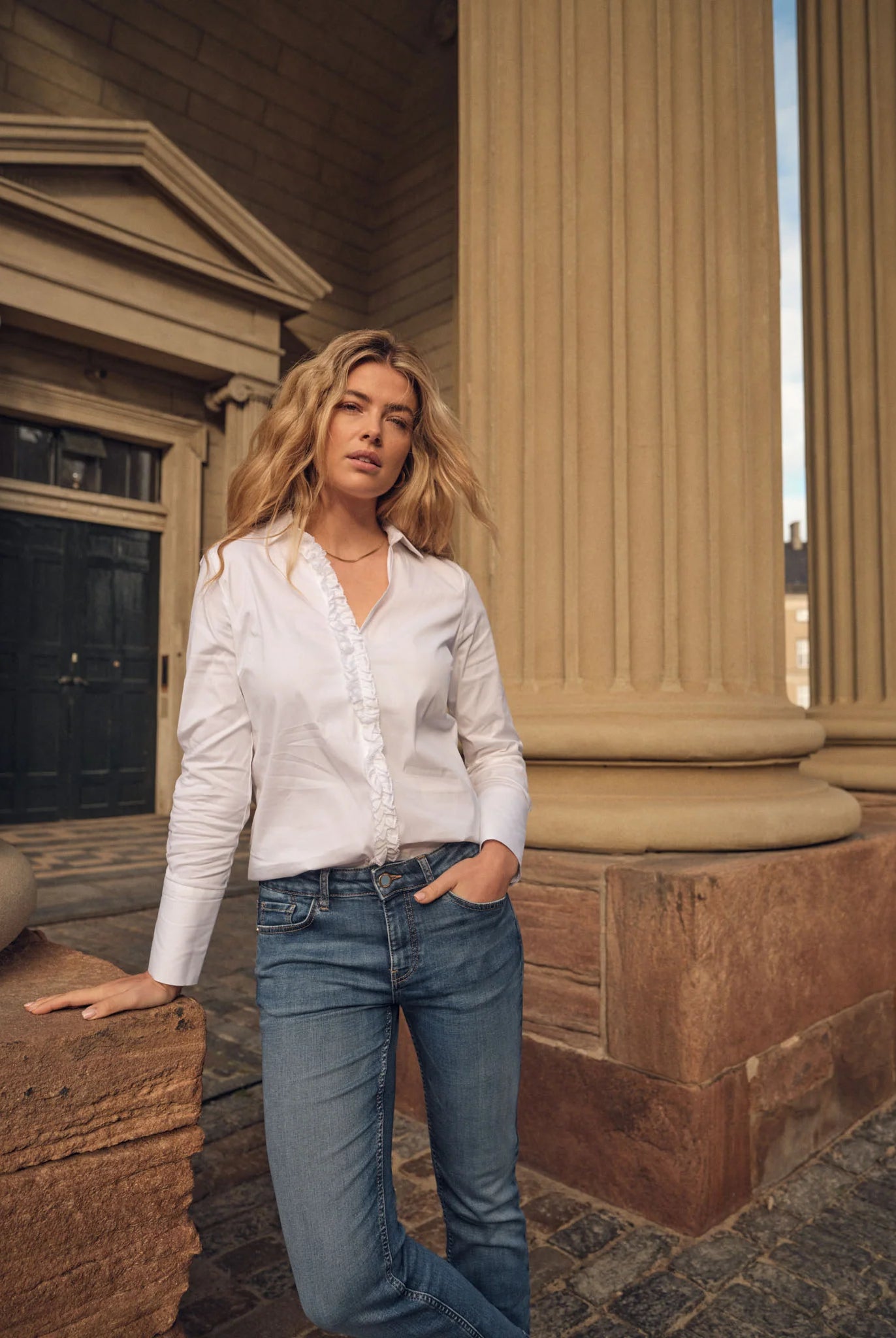 Mos Mosh Sybel ruffle trim white cotton shirt worn with blue jeans