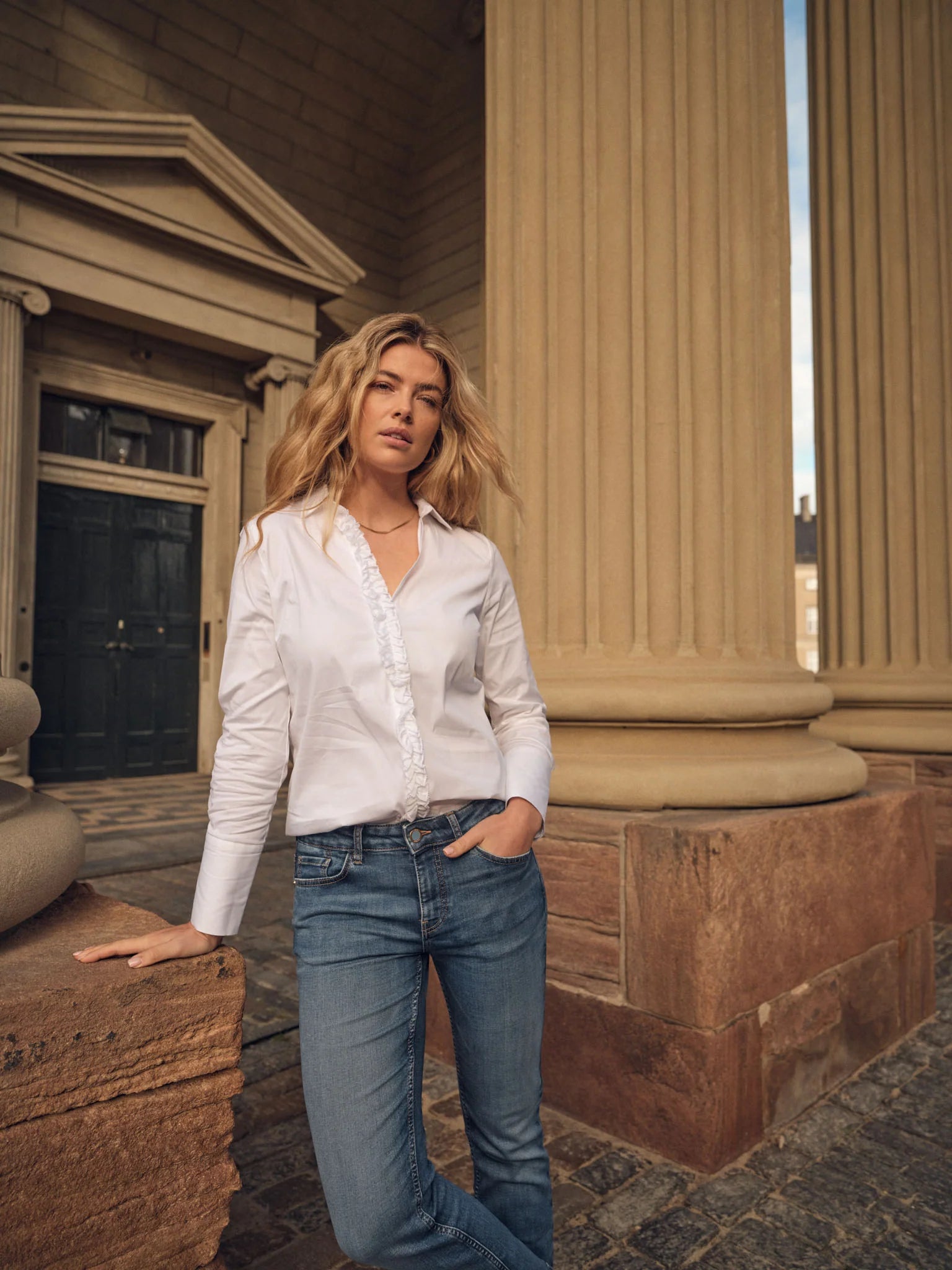 Mos Mosh Sybel ruffle trim white cotton shirt worn with blue jeans