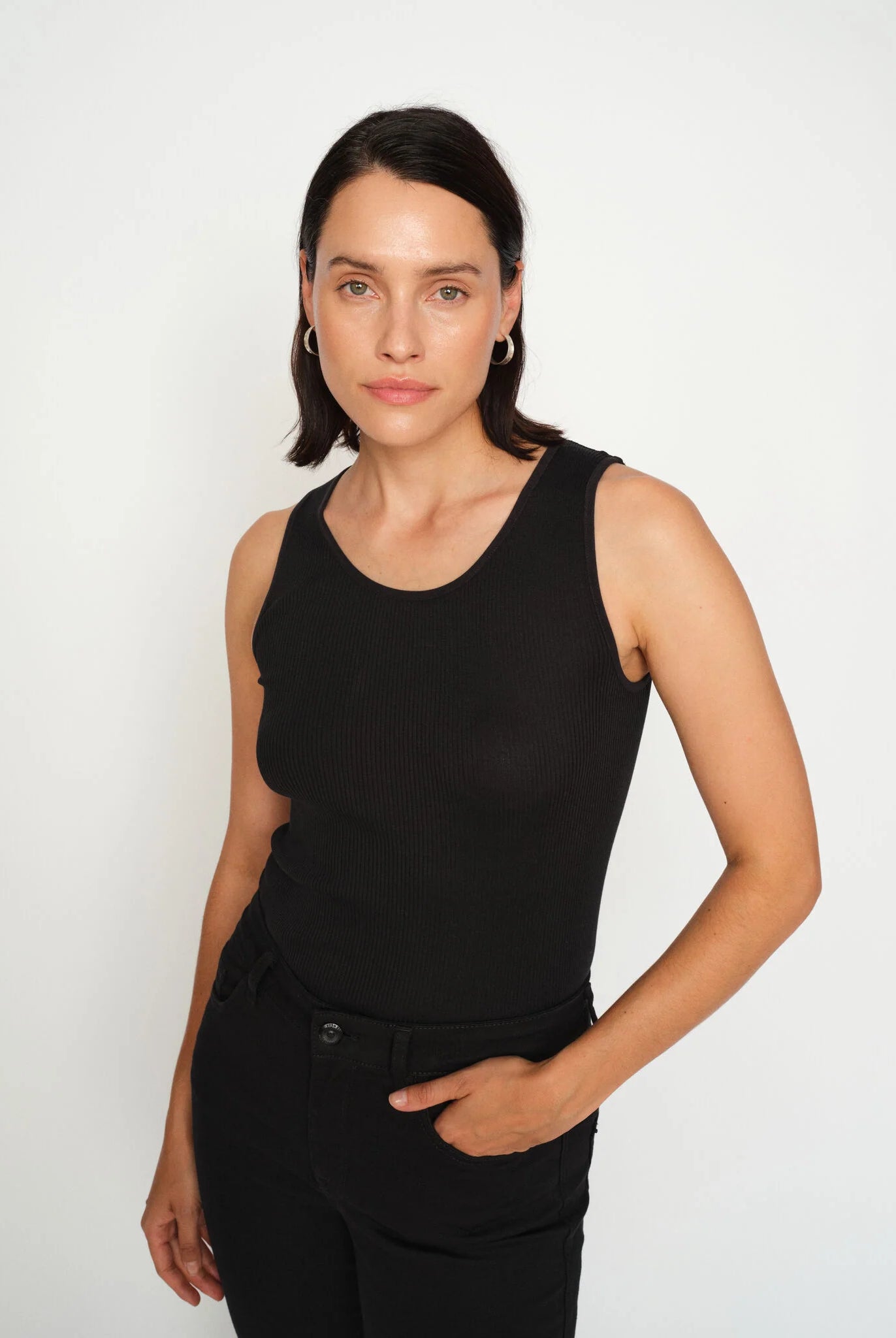 Mos Mosh Elaine black silk cotton tank top styled with black jeans