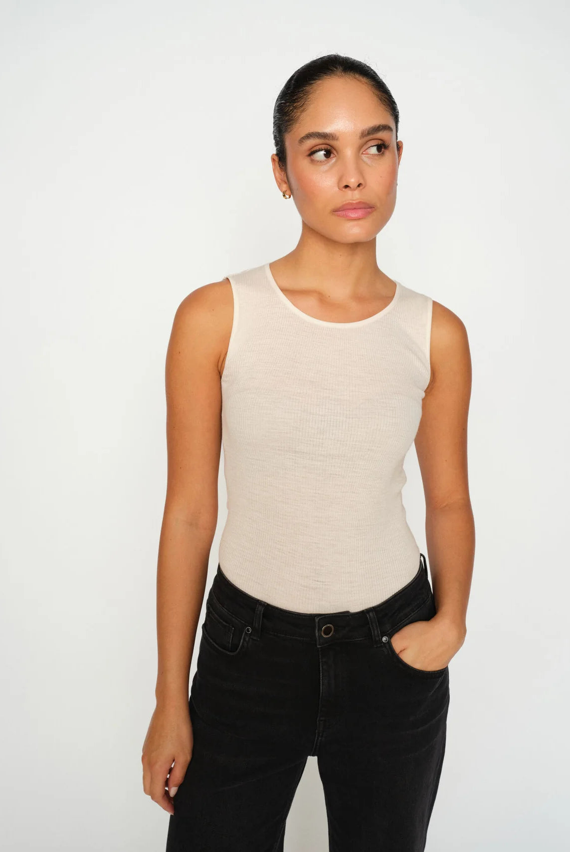 Mos Mosh Elaine beige ribbed vest top styled casually
