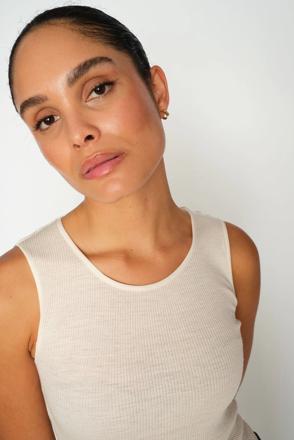 Silk cotton ribbed tank by Mos Mosh in beige with soft frill hem