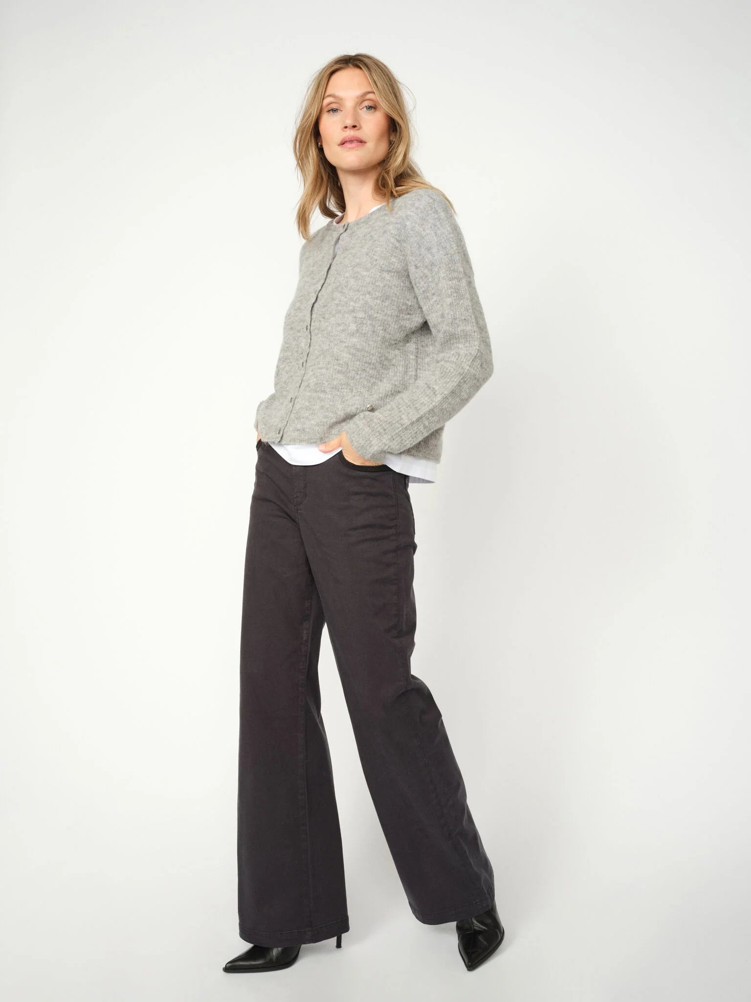 Mos Mosh Dara Treasure Wide Leg Trousers back view showing pockets and leather brand patch.