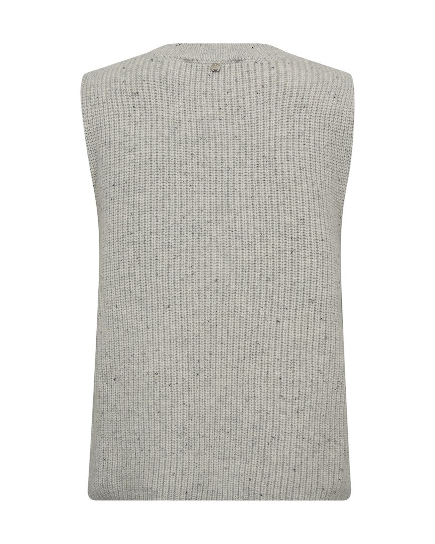 Flat lay of soft grey Mos Mosh sleeveless V-neck vest for layering
