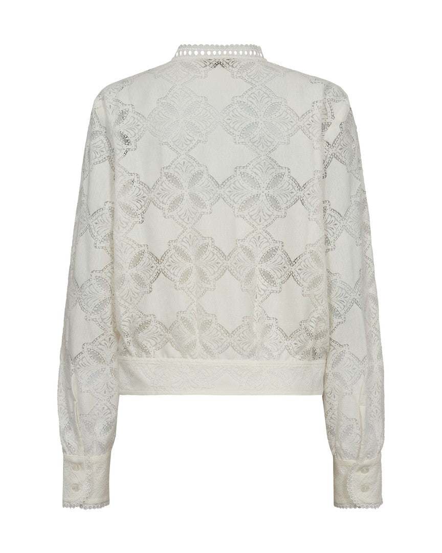 Back view of Mos Mosh Monia off white mandarin collar lace shirt