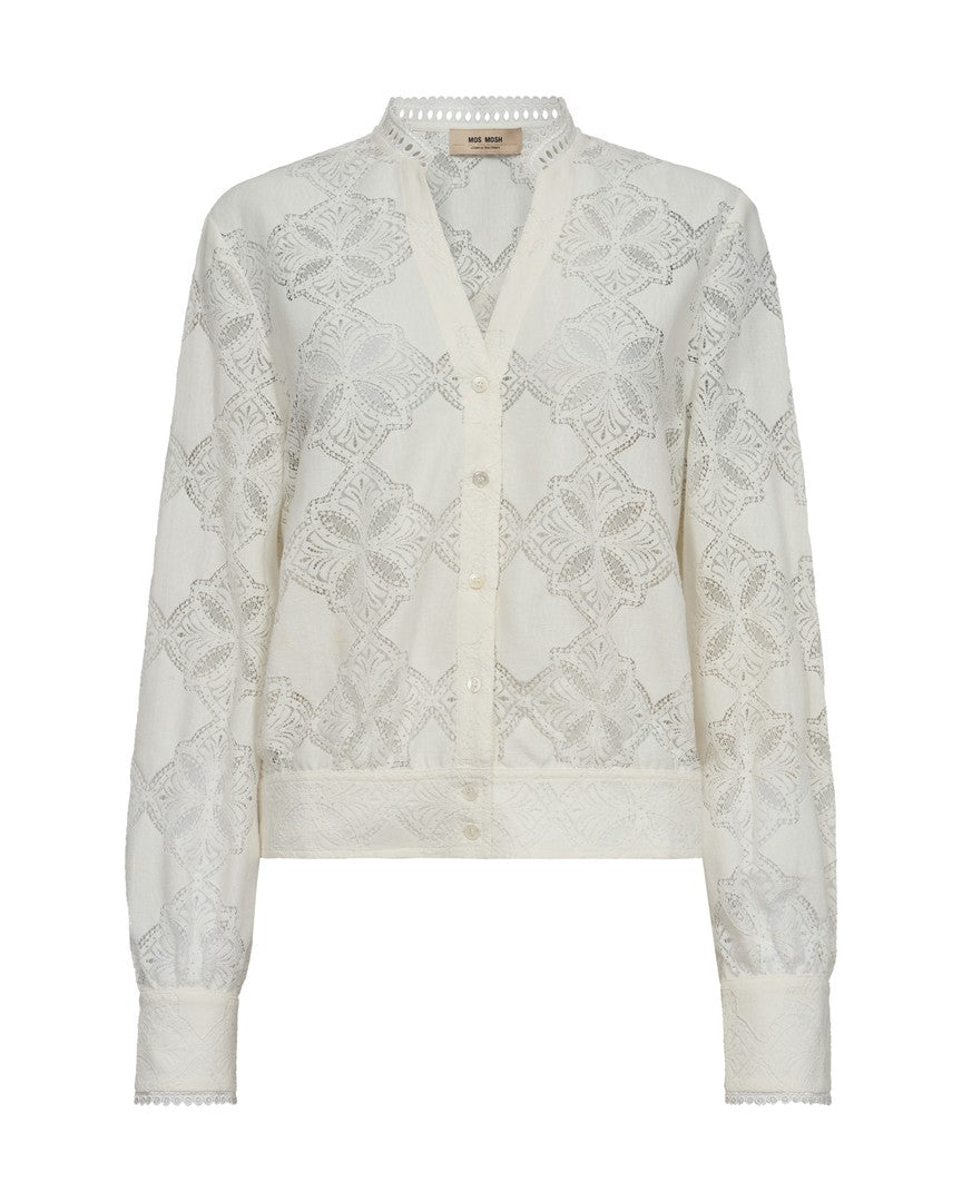 Front view of Mos Mosh women’s lace blouse in sheer team fabric
