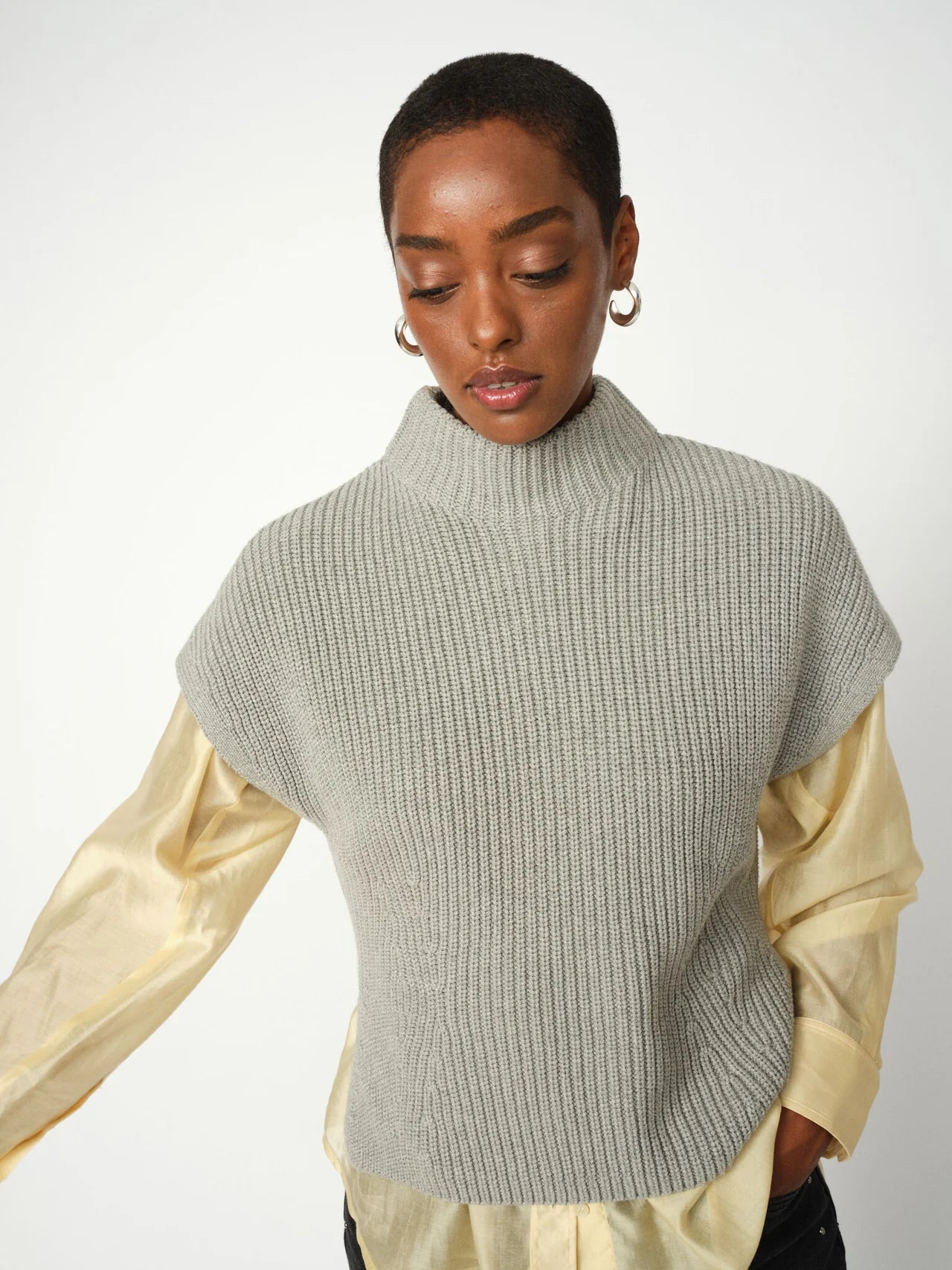 Mos Mosh Biola Bine grey knitted vest with high neck front view